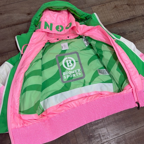 Bogner Vila quilted down ski jacket in pink and green - Picture 11 of 14
